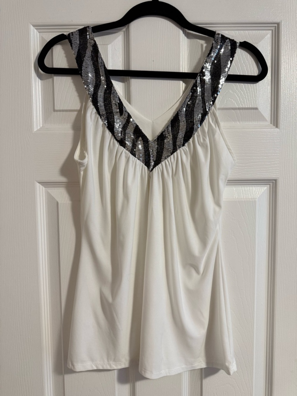 Body Central White Tank with Black and Silver Sequin Trim